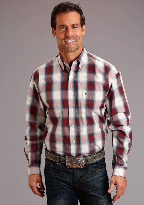 Stetson Mens Wine 100% Cotton Plaid BD L/S 1 Pocket Shirt