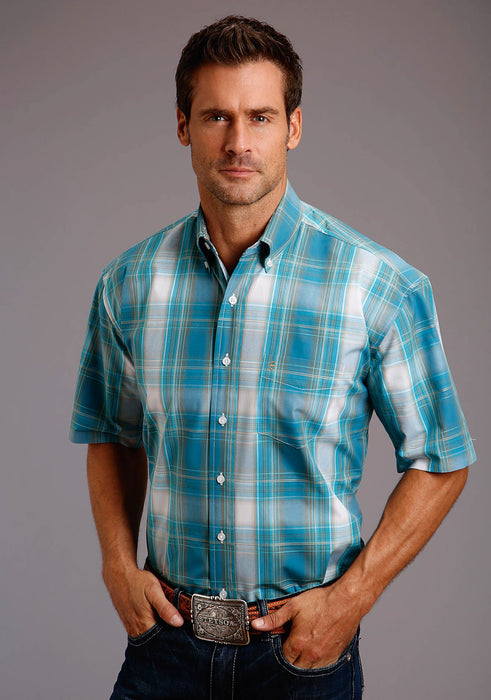 Stetson Mens Blue 100% Cotton Teal Plaid BD S/S Btn Shirt