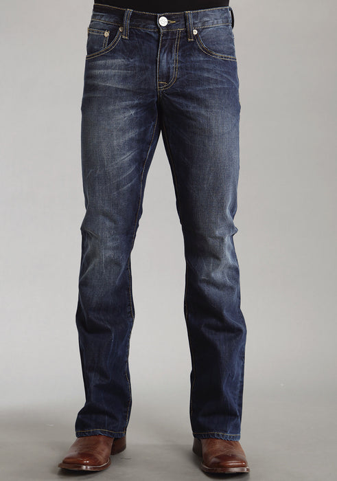 Mens Stetson Blue Cotton Blend Sandblasted Stitch Bootcut Rocks Fit Jeans