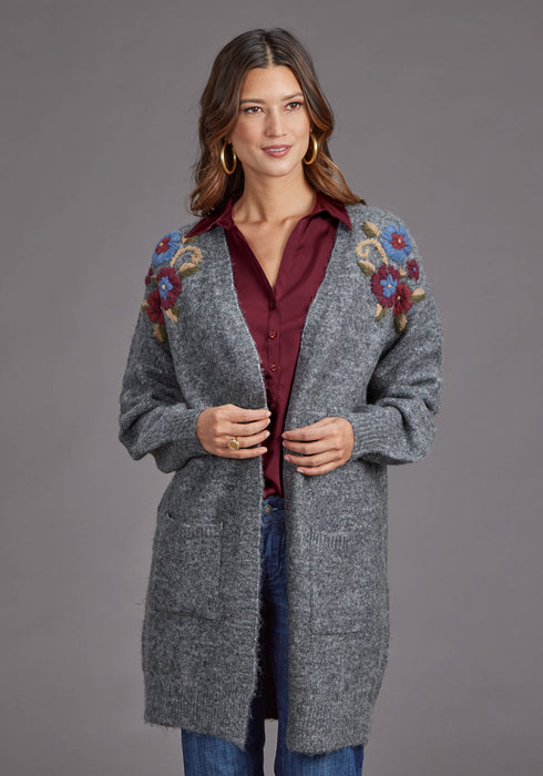 Stetson Womens Floral Embroidered Grey Acrylic Blend Cardigan Sweater