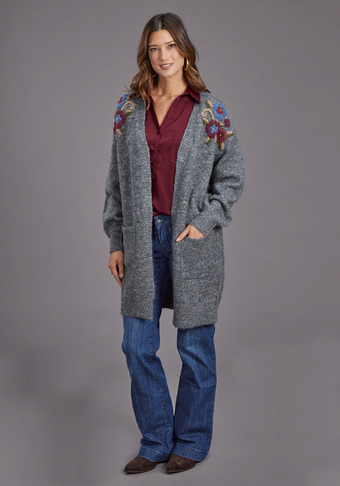 Stetson Womens Floral Embroidered Grey Acrylic Blend Cardigan Sweater