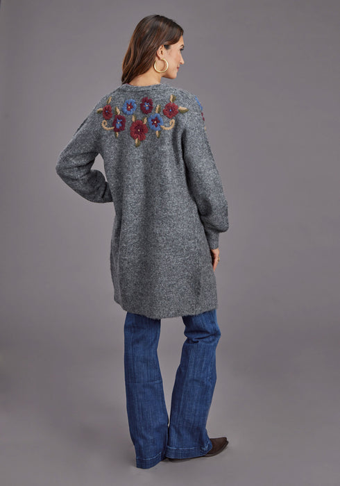 Stetson Womens Floral Embroidered Grey Acrylic Blend Cardigan Sweater