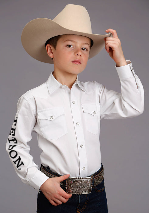 Stetson Boys White 100% Cotton Logo Wear L/S Shirt