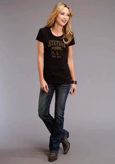 Stetson Womens Black Cotton Blend Bison Wild West S/S T-Shirt