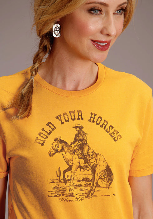 Stetson Womens Yellow 100% Cotton Hold Your Horses S/S T-Shirt