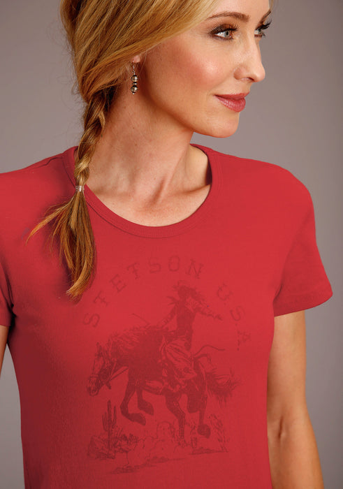 Stetson Womens Red Cotton Blend Riding Cowgirl S/S T-Shirt