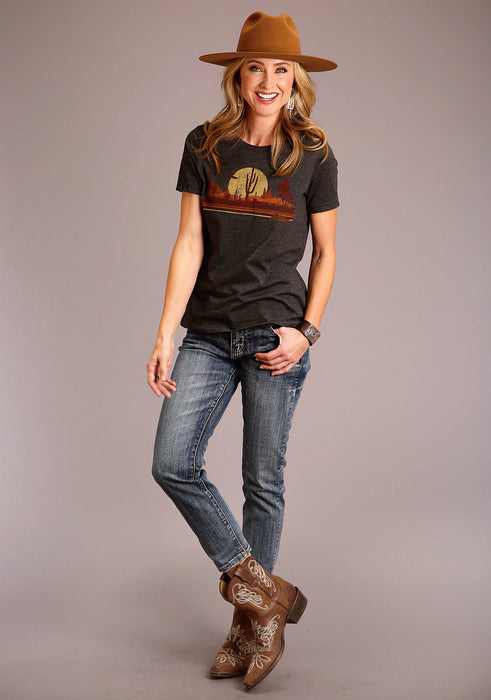 Stetson Womens Grey Cotton Blend Riding In The Sunset S/S T-Shirt