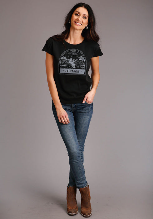 Stetson Womens Black 100% Cotton Cowboy Lasso S/S T-Shirt