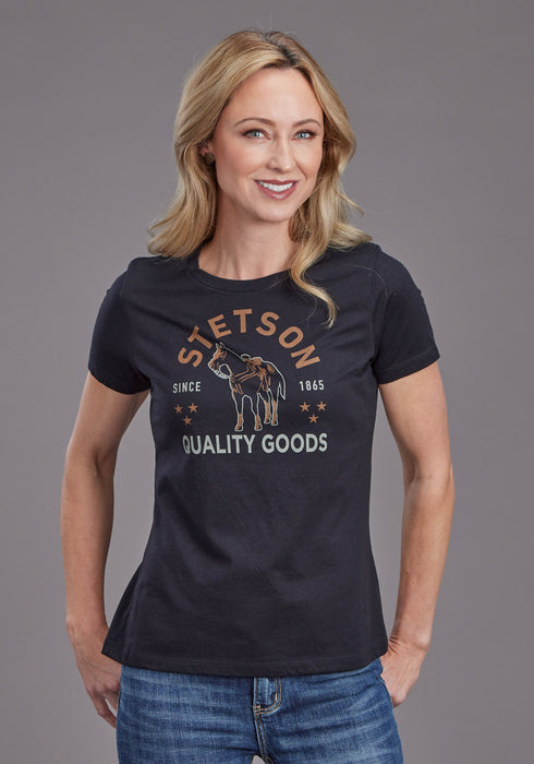 Stetson Womens Quality Goods Horse Black Polyester S/S T-Shirt