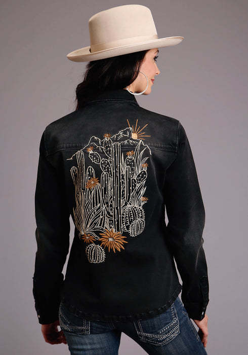 Stetson Womens Black Cotton Blend Boyfriend Fit L/S Cactus Shirt