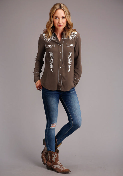 Stetson Womens Chocolate Rayon/Nylon Western Embroidered L/S Blouse