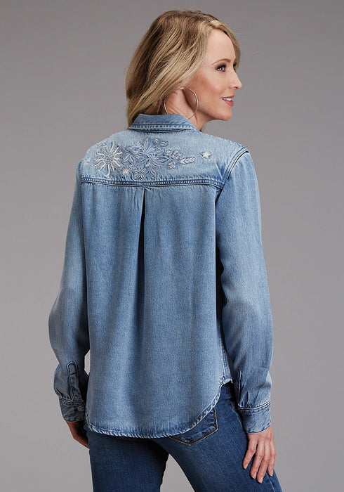 Stetson Womens Floral Embroidered Denim Blue Lyocell L/S Blouse