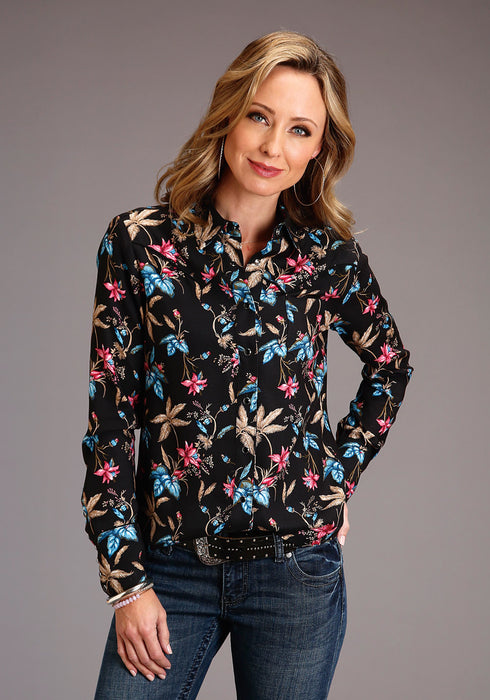 Stetson Womens Black Rayon/Nylon Feather Floral L/S Blouse