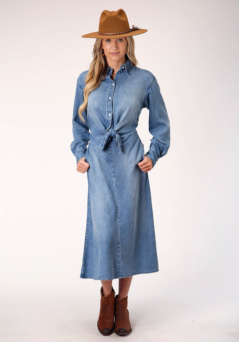 Stetson Womens Denim Denim Mid-Length L/S Tie Front Dress