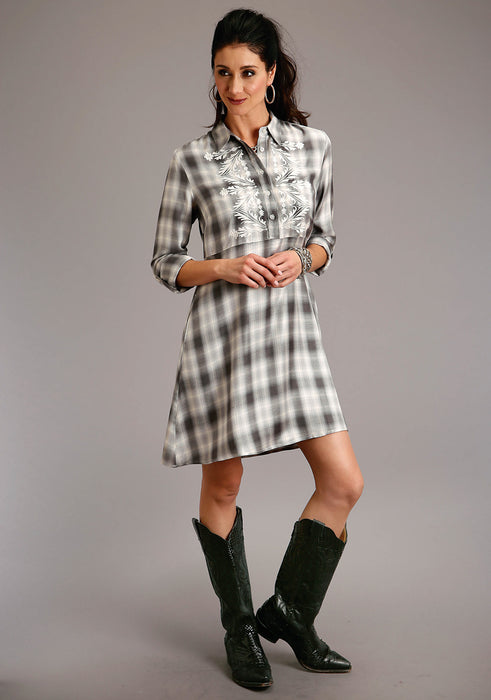 Stetson Womens Smokey Grey Rayon/Nylon Ombre Plaid L/S Dress