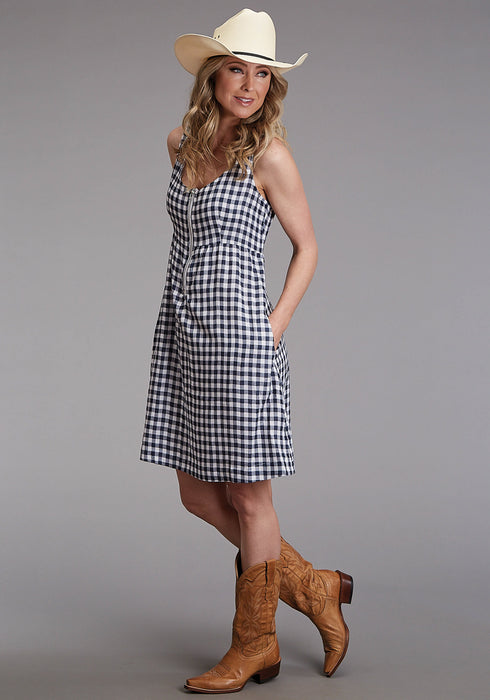 Stetson Womens Navy/White Cotton Blend Gingham Tank S/L Dress