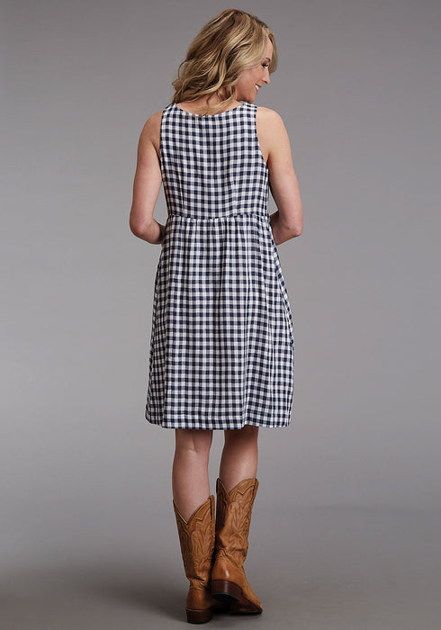 Stetson Womens Navy/White Cotton Blend Gingham Tank S/L Dress