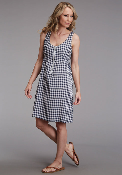 Stetson Womens Navy/White Cotton Blend Gingham Tank S/L Dress