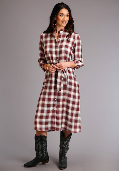 Stetson Womens Wine Rayon/Nylon Gaucho Plaid 3/4 Sleeve Dress