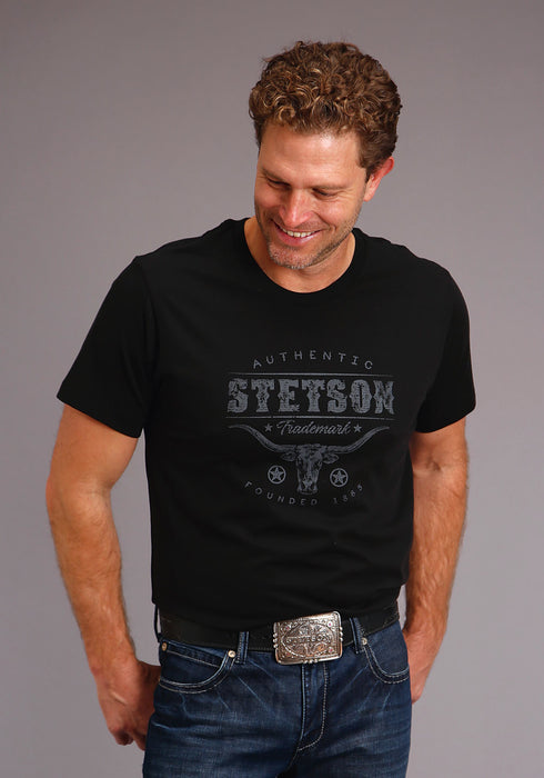 Stetson Mens Black 100% Cotton Steer Head S/S Trademark T-Shirt