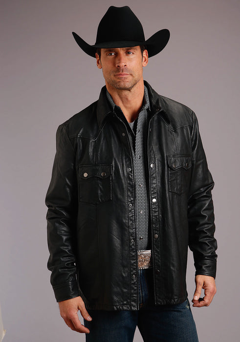 Stetson Mens Black Leather Western Shirt Jacket