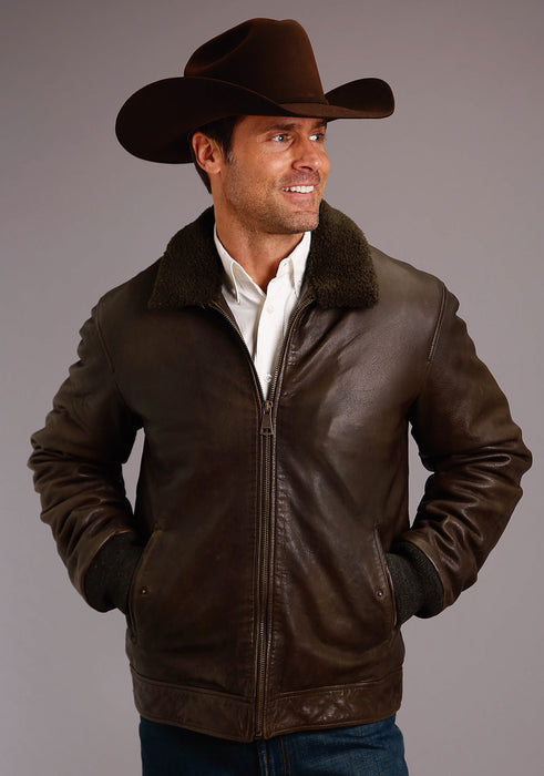 Stetson Mens Brown Leather Smooth Sherpa Jacket