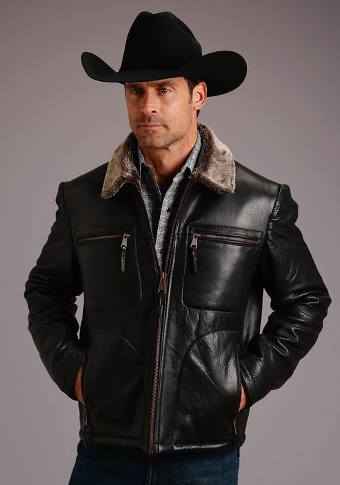 Stetson Faux Fur Mens Black Leather Smooth Jacket