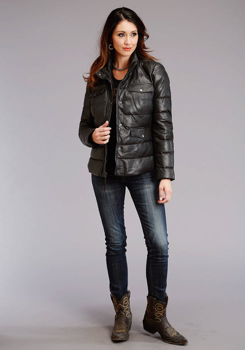 Stetson Womens Navy Lamb Leather Puffy Quilted Jacket