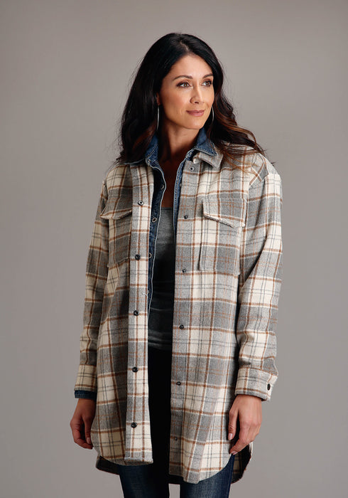 Stetson Womens Neutral Plaid Oversized Grey Poly/Wool Jacket