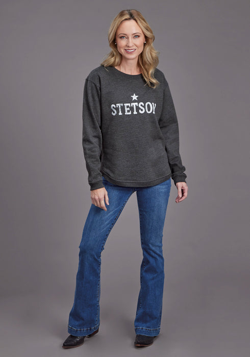 Stetson Womens Star Screenprint Heather Black Cotton Blend Pullover Sweater