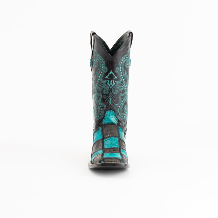 Ferrini Mens Black/Turquoise Leather Patchwork S-Toe Cowboy Boots