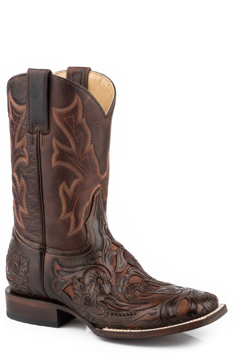 Stetson Mens Cognac/Brown Leather Handtooled Wicks Cowboy Boots