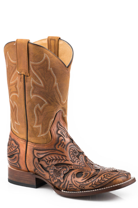 Stetson Mens Tan Leather New West Tooled Cowboy Boots