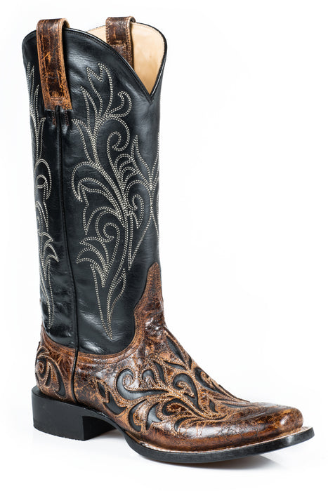 Stetson Womens Black/Brown Leather Caroline Crackle Cowboy Boots