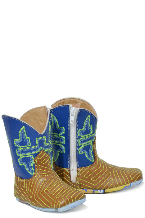 Tin Haul Infants Boys Burnish Tan/Blue Leather Neon Maze Cowboy Boots