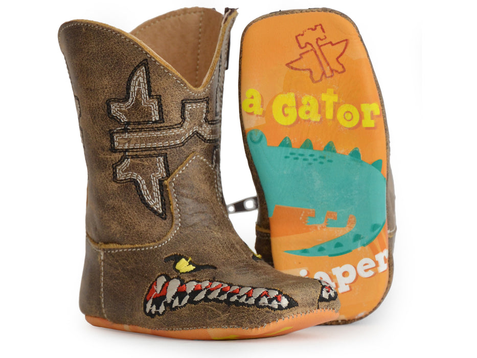 Tin Haul Boys Infant Brown Leather Mini Swamp Gator Cowboy Boots