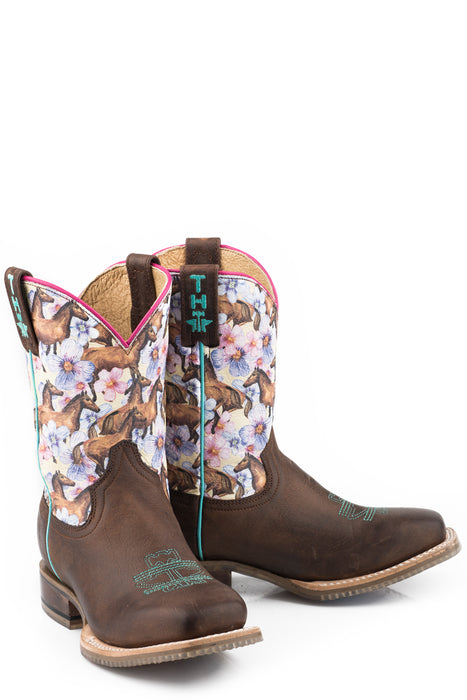 Tin Haul Kids Girls Dark Brown Leather Chestnut and Daisy Cowboy Boots