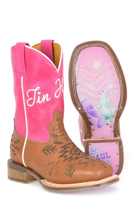 Tin Haul Kids Girls All Points West Pink/Brown Leather Cowboy Boots