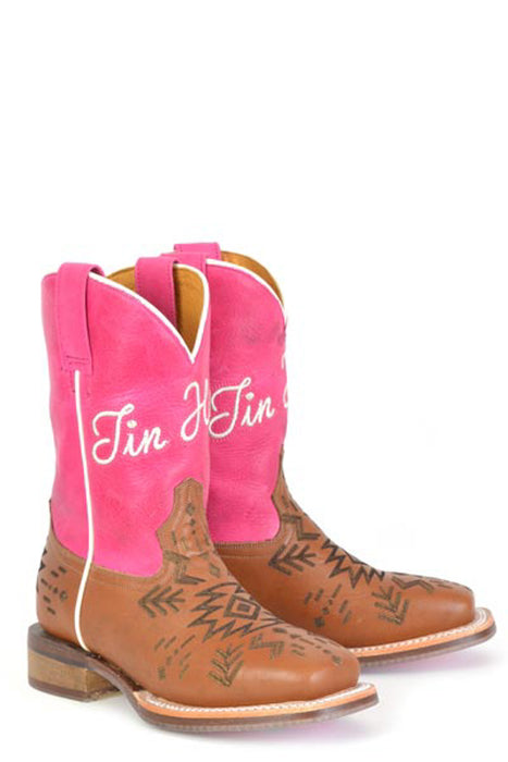 Tin Haul Kids Girls All Points West Pink/Brown Leather Cowboy Boots