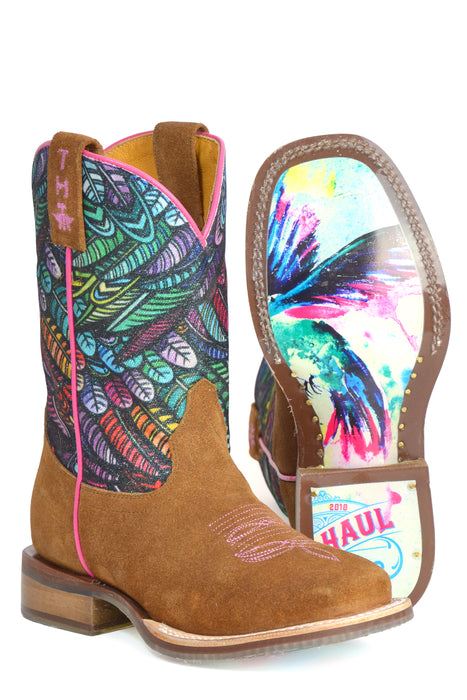 Tin Haul Kids Girls Hummingbird Feathers Brown Leather Cowboy Boots