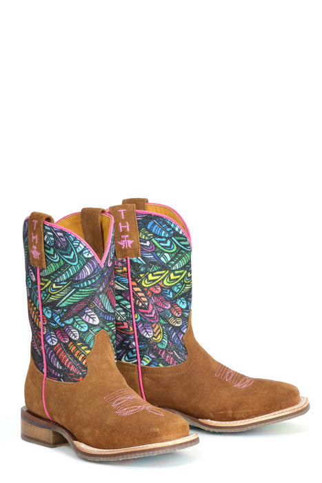 Tin Haul Kids Girls Hummingbird Feathers Brown Leather Cowboy Boots