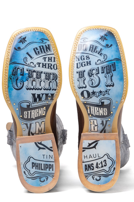 Tin Haul Mens Sanded Blue Leather Ichtusacross Cowboy Boots