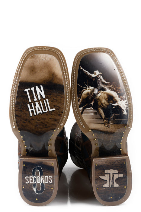 Tin Haul Mens Check Me Out Brown/Blue Leather Cowboy Boots