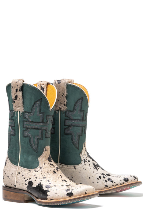 Tin Haul Womens Shaggy Spot White/Turquoise Leather Cowboy Boots