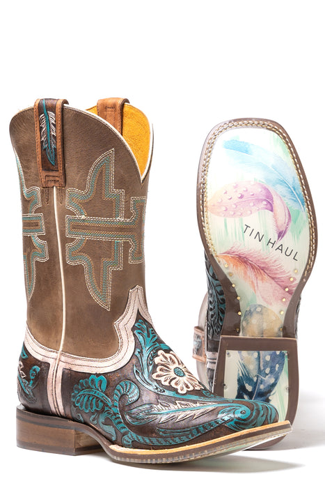 Tin Haul Womens Brown Leather Lone Flower Boho Feather Cowboy Boots