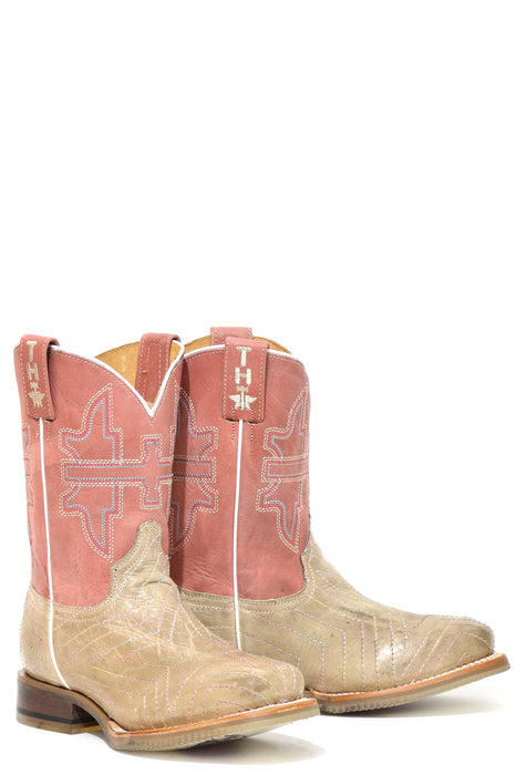 Tin Haul Girls Youth Tan/Pink Leather Rainbow Star Cowboy Boots