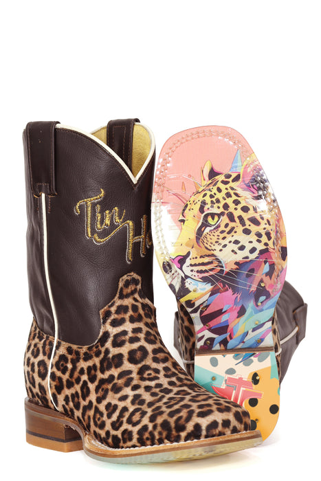 Tin Haul Youth Girls Wild Cat Jaguar Brown Leather Cowboy Boots