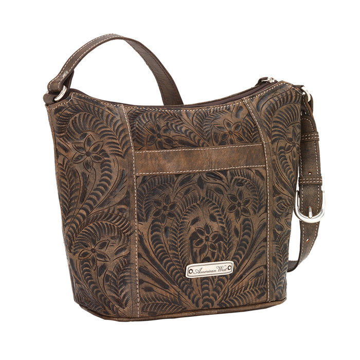 American West Womens Hitchin Post Distressed Charcoal Brown Leather Handbag Bag