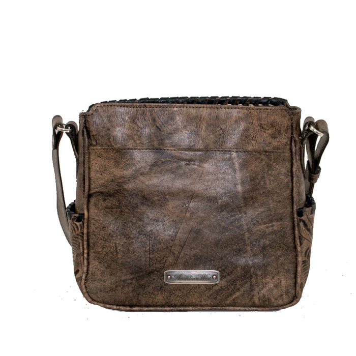 American West Womens Gypsy Patch Distressed Charcoal Brown Leather Crossbody Bag