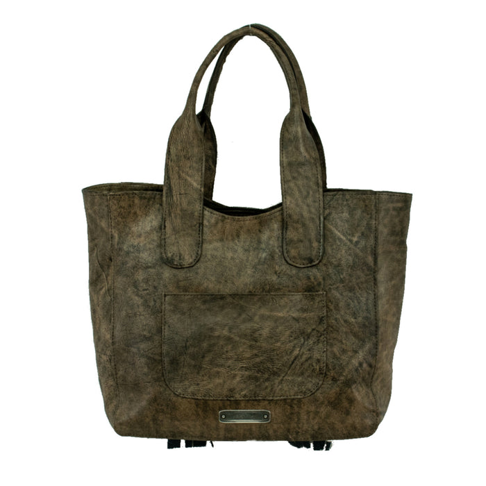 American West Womens Gypsy Patch Distressed Charcoal Brown Leather Tote Bag